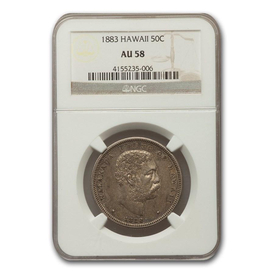 1883 Hawaii Half Dollar Kalakaua I AU-58 NGC: 1883 Hawaii Half Dollar Kalakaua I AU-58 NGC Your winning item will match the quality of the product shown. Dates will be according to listing, may or may not vary.