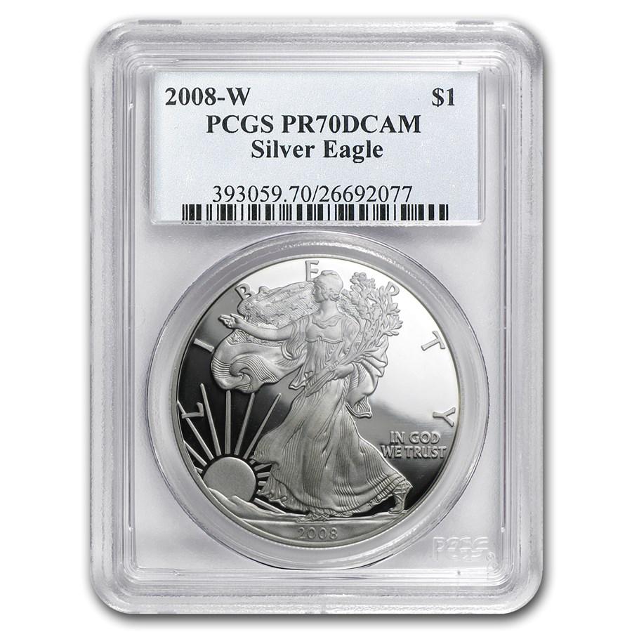 2008-W Proof Silver American Eagle PR-70 PCGS: 2008-W Proof Silver American Eagle PR-70 PCGS Your winning item will match the quality of the product shown. Dates will be according to listing, may or may not vary.