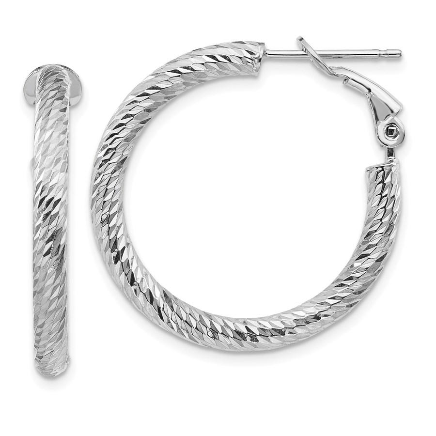14k White Gold Diamond-cut Omega Back Hoop Earrings -: 14k White Gold Diamond-cut Omega Back Hoop Earrings - 3x20 mm Your winning item will match the quality of the product shown. Dates will be according to listing, may or may not vary.