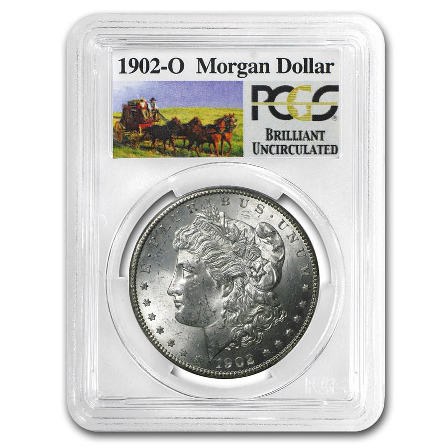1902-O Stage Coach Morgan Dollar BU PCGS: One piece 1902-O Stage Coach Morgan Dollar BU PCGS Each Morgan Silver Dollar in this listing has been guaranteed by PCGS to be in Brilliant Uncirculated condition, while the stage coach label adds a u