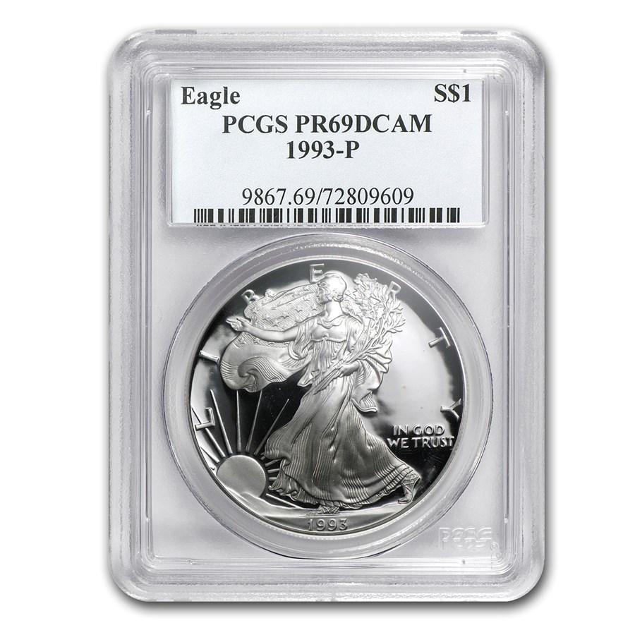 1993-P Proof American Silver Eagle PR-69 PCGS: One piece 1993-P Proof American Silver Eagle PR-69 PCGS One of the most popular designs ever to grace American coinage, the Silver Eagle combines beauty with collectible value. The mirrorlike finish o