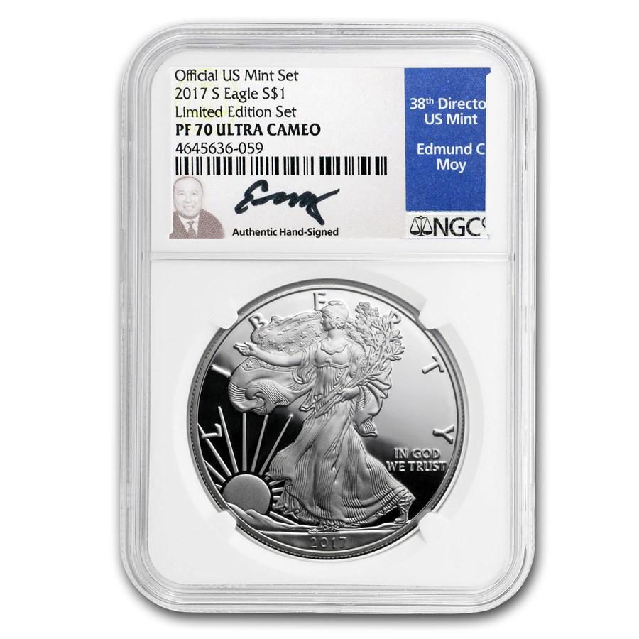 2017-S Proof American Silver Eagle PF-70 NGC: One piece 2017-S Proof American Silver Eagle PF-70 NGC This limited production proof Silver Eagle is the first Proof Silver Eagle minted in San Francisco since 2012. This example has been certified a