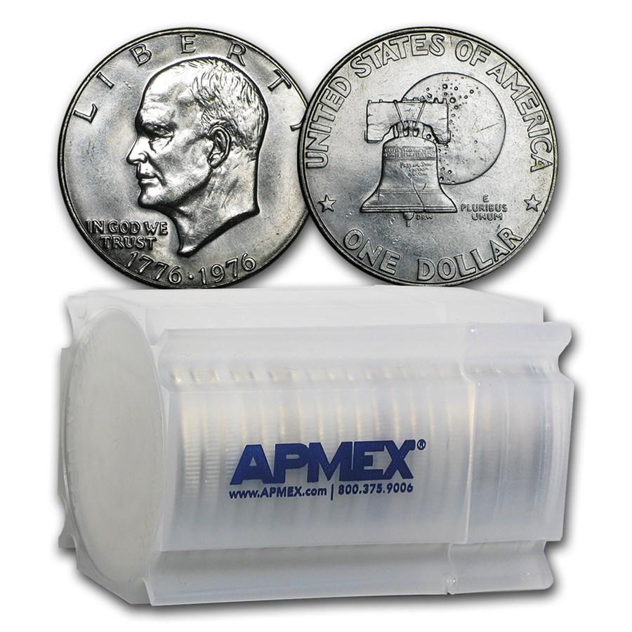 1976 Clad Eisenhower Dollars 20-Coin Roll BU (Type-1): One piece 1976 Clad Eisenhower Dollars 20-Coin Roll BU (Type-1) The 1976 Eisenhower Dollar celebrates General and President Dwight D. Eisenhower as well as America's bicentennial. This plastic tube co