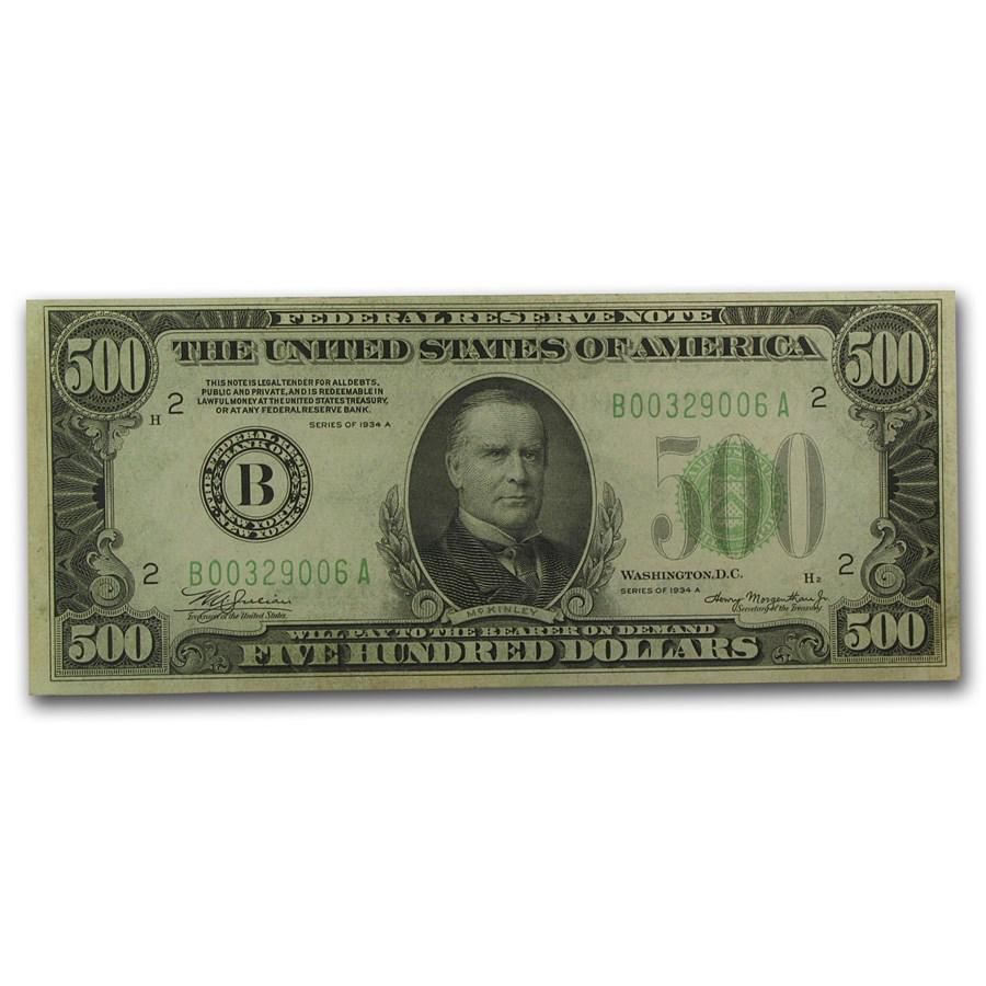 1934-A (B-New York) $500 FRN AU (Fr#2202-B): One piece 1934-A (B-New York) $500 FRN AU (Fr#2202-B) This series 1934-A $500 Federal Reserve Note is from the New York district and is in Almost Uncirculated condition. SKU: RB22749