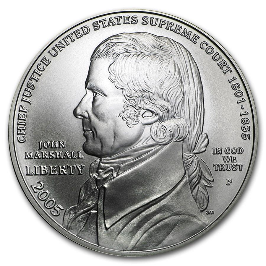 2005-P Chief Justice Marshall $1 Silver Commem BU: One piece 2005-P Chief Justice Marshall $1 Silver Commem BU (w/Box & COA) This coin commemorates the 250th anniversary of Chief Justice John Marshall's birth. Chief Justice John Marshall, who served 3