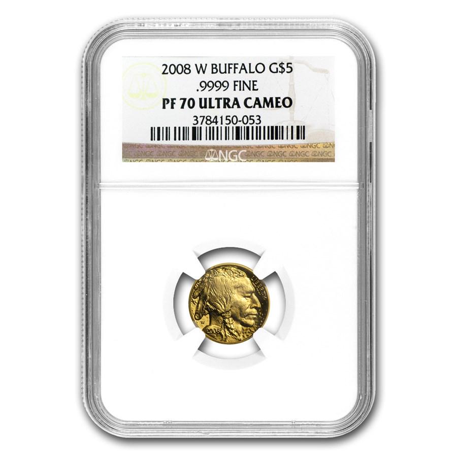 2008-W 1/10 oz Proof Gold Buffalo PF-70 NGC: One piece 2008-W 1/10 oz Proof Gold Buffalo PF-70 NGC Available in fractional sizes for one year only, this 2008-W 1/10 oz Gold Buffalo is minted in beautiful proof finish. This particular coin is gra