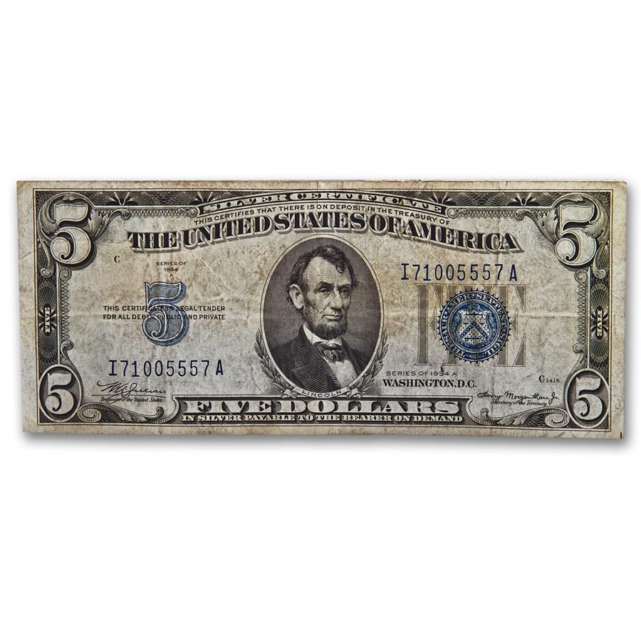 1934-1934-D $5.00 Silver Certificates VG/VF: One piece 1934-1934-D $5.00 Silver Certificates VG/VF Series 1934 $5 Silver Certificates - these are the first of the small size $5 Silver Certificates. These notes were backed by Silver coin, and cir