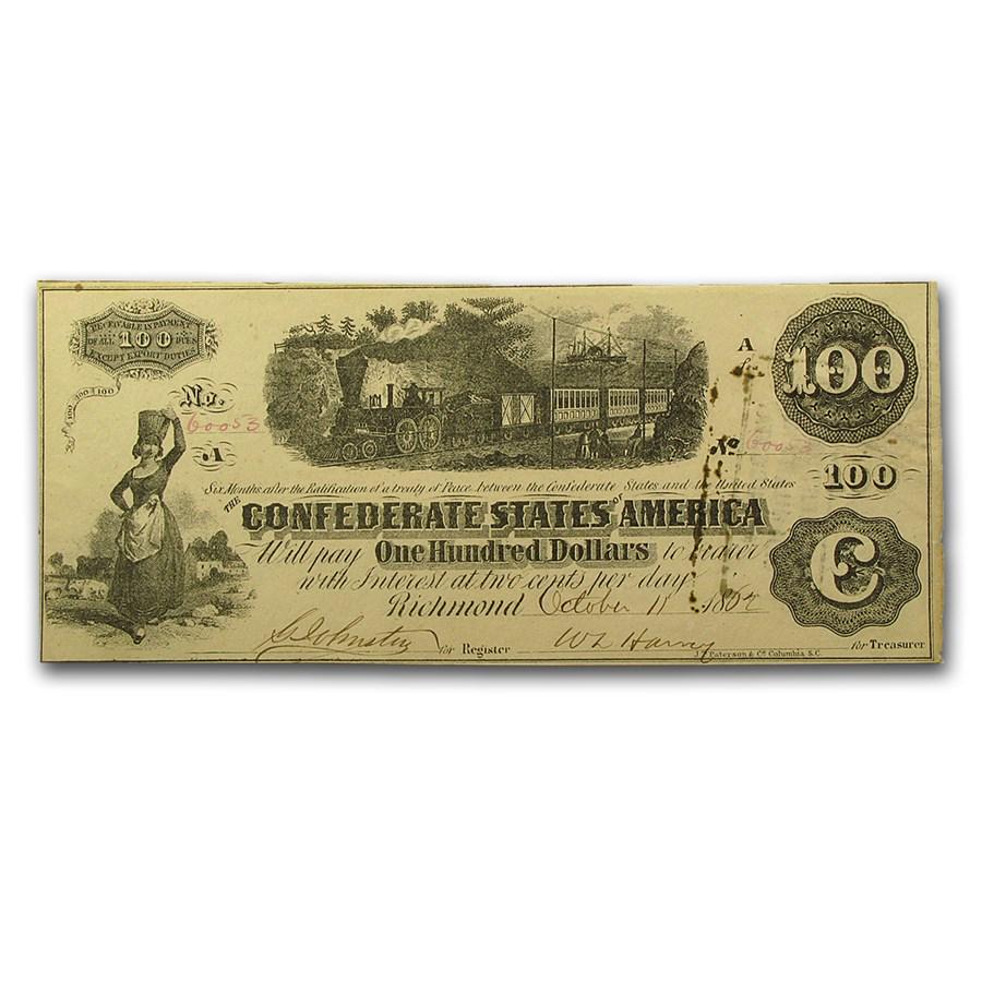 1862 $100 (T-40) Train Diffused Steam XF: One piece 1862 $100 (T-40) Train Diffused Steam XF A well preserved $100 Confederate Note from 1862. Printed by J.T. Paterson & Co. of Columbia S.C. Nice color and brightness on this note. SKU: RB4945