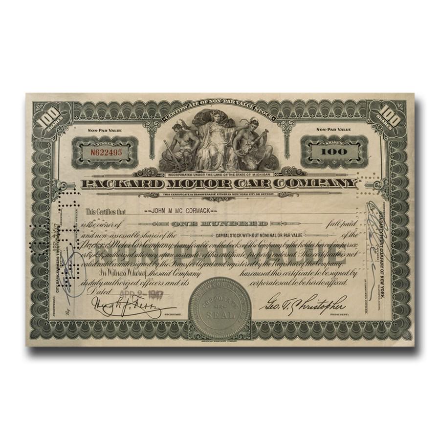Packard Motor Car Company Stock Certificate: One piece Packard Motor Car Company Stock Certificate This is a beautifully engraved Stock Certificate from the Packard Motor Car Company. Vignette depicts three allegorical figures seated. Comes in g