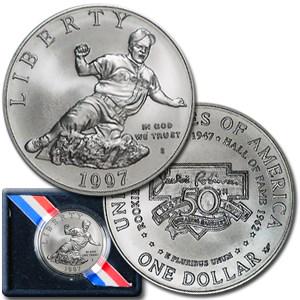 1997-S Jackie Robinson $1 Silver Commem BU (w/Box &: One piece 1997-S Jackie Robinson $1 Silver Commem BU (w/Box & COA) This Silver Dollar commemorates the 50th anniversary of the first acceptance of a black player, Jack Roosevelt (â€œJackie”)