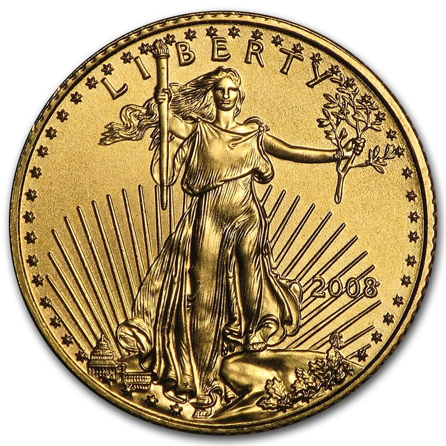 2008 1/10 oz American Gold Eagle BU: One piece 2008 1/10 oz American Gold Eagle BU Fractional Gold Eagles provide an aspect of collectibility on top of Gold investment appeal. Since its introduction in 1986, the Gold American Eagle has b