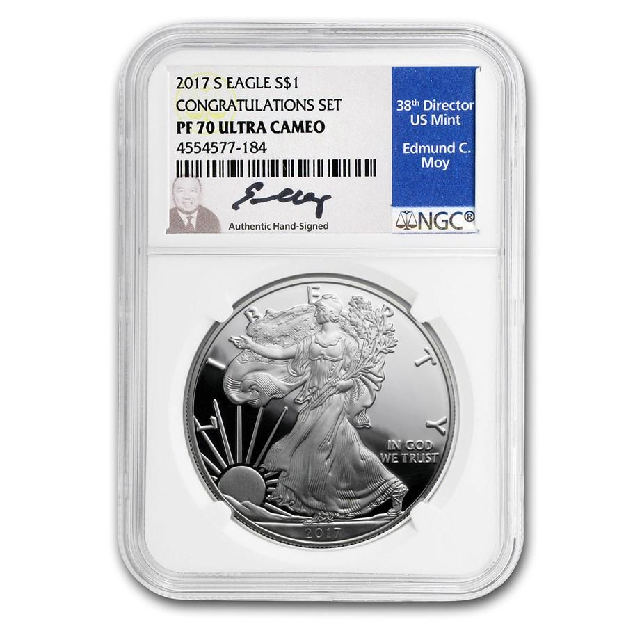 2017-S Proof Silver Eagle PF-70 NGC (Congratulations: One piece 2017-S Proof Silver Eagle PF-70 NGC (Congratulations Set, Moy) This limited production proof Silver Eagle is the first Proof Silver Eagle minted in San Francisco since 2012. One of an initia