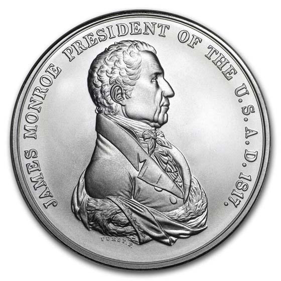 U.S. Mint Silver James Monroe Presidential Medal: One piece U.S. Mint Silver James Monroe Presidential Medal This U.S. Mint Presidential Silver medal contains 1 oz of .999 fine Silver and is part of a new collection of Silver Medals commemorating var
