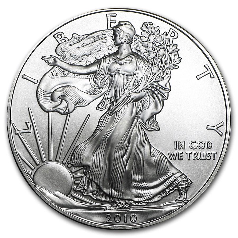 2010 1 oz American Silver Eagle BU: One piece 2010 1 oz American Silver Eagle BU Minted since 1986 with 1 oz of fine Silver and a beautiful patriotic design, the Silver American Eagle has become the most popular bullion coin in the Unit