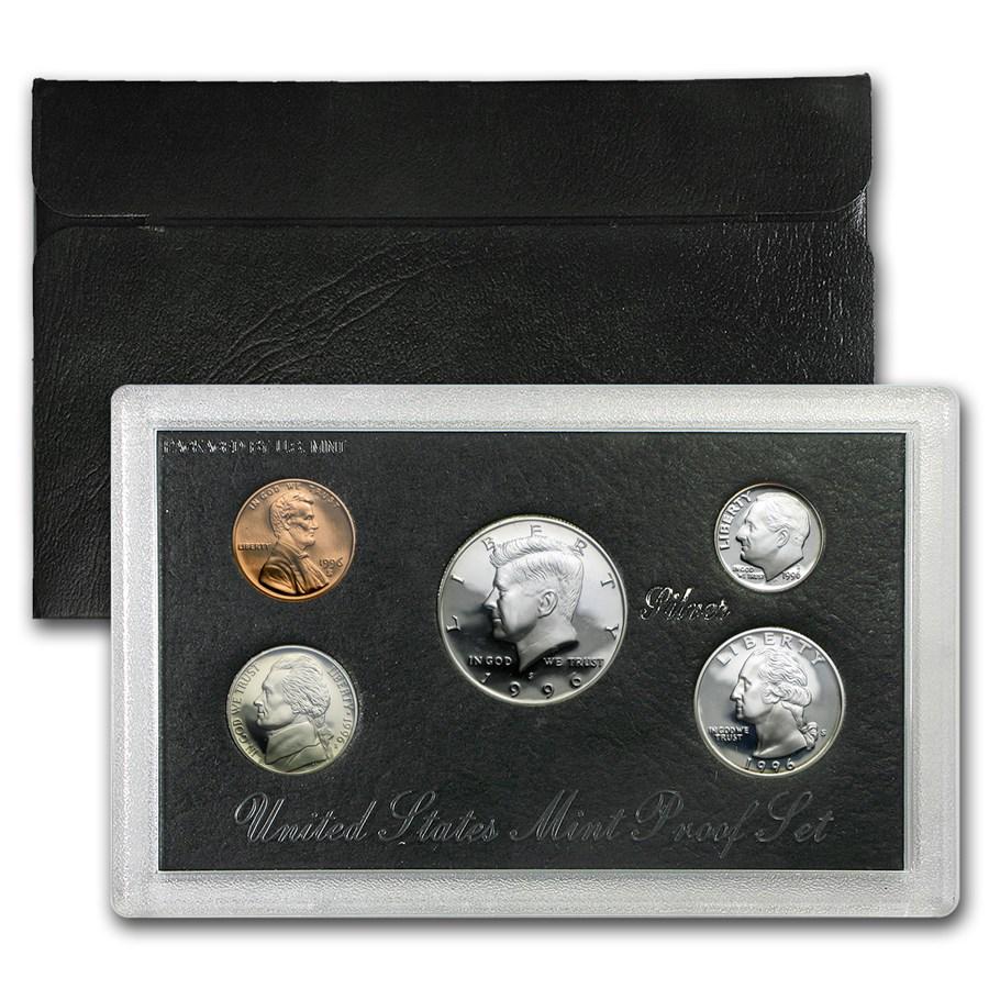 1996 Silver Proof Set: One piece 1996 Silver Proof Set This 1996 U.S. Proof Set includes 5 coins in the original mint packaging, including a Kennedy half dollar, a Washington quarter and a Roosevelt dime struck in 90% Silve