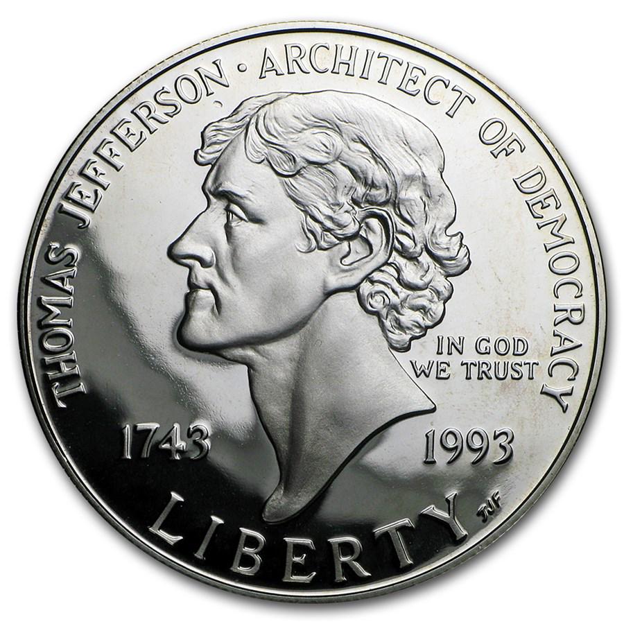 1993-S Jefferson 250th Anniv $1 Silver Commem Proof: One piece 1993-S Jefferson 250th Anniv $1 Silver Commem Proof (w/Box & COA) This Silver coin was issued to celebrate the 250th anniversary of Thomas Jeffersonâ€™s birth. Each Proof Silver coin fe