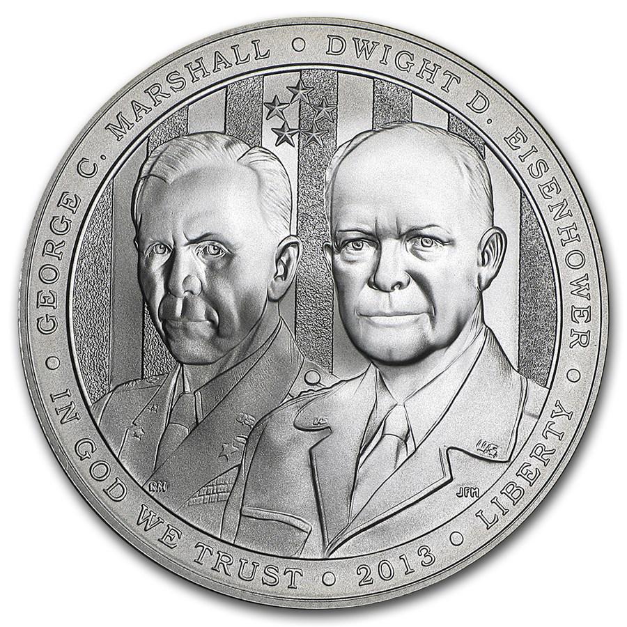 2013-W Five Star General $1 Silver Commem BU (w/Box &: One piece 2013-W Five Star General $1 Silver Commem BU (w/Box & COA) General George C. Marshall and General Dwight D. Eisenhower are two of the most distinguished generals America has ever had. This c
