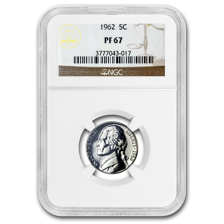 1962 Jefferson Nickel PF-67 NGC: One piece 1962 Jefferson Nickel PF-67 NGC This 1962 Jefferson Nickel has been certified as PF-67 by NGC, one of the top two coin grading services. SKU: RB212099