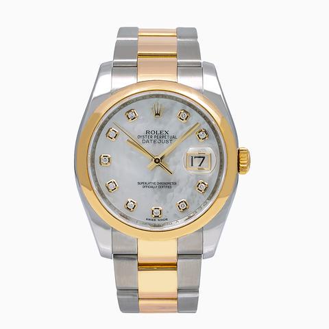 Rolex Datejust 116203 36MM Silver Dial Two Tone Oyster: Rolex Datejust 116203 36MM Silver Dial Two Tone Oyster Bracelet Condition: Pre-Owned Model – Rolex Datejust Reference Number: 116203 Movement – Automatic Bezel: Yellow Gold Dial – Silver Diam