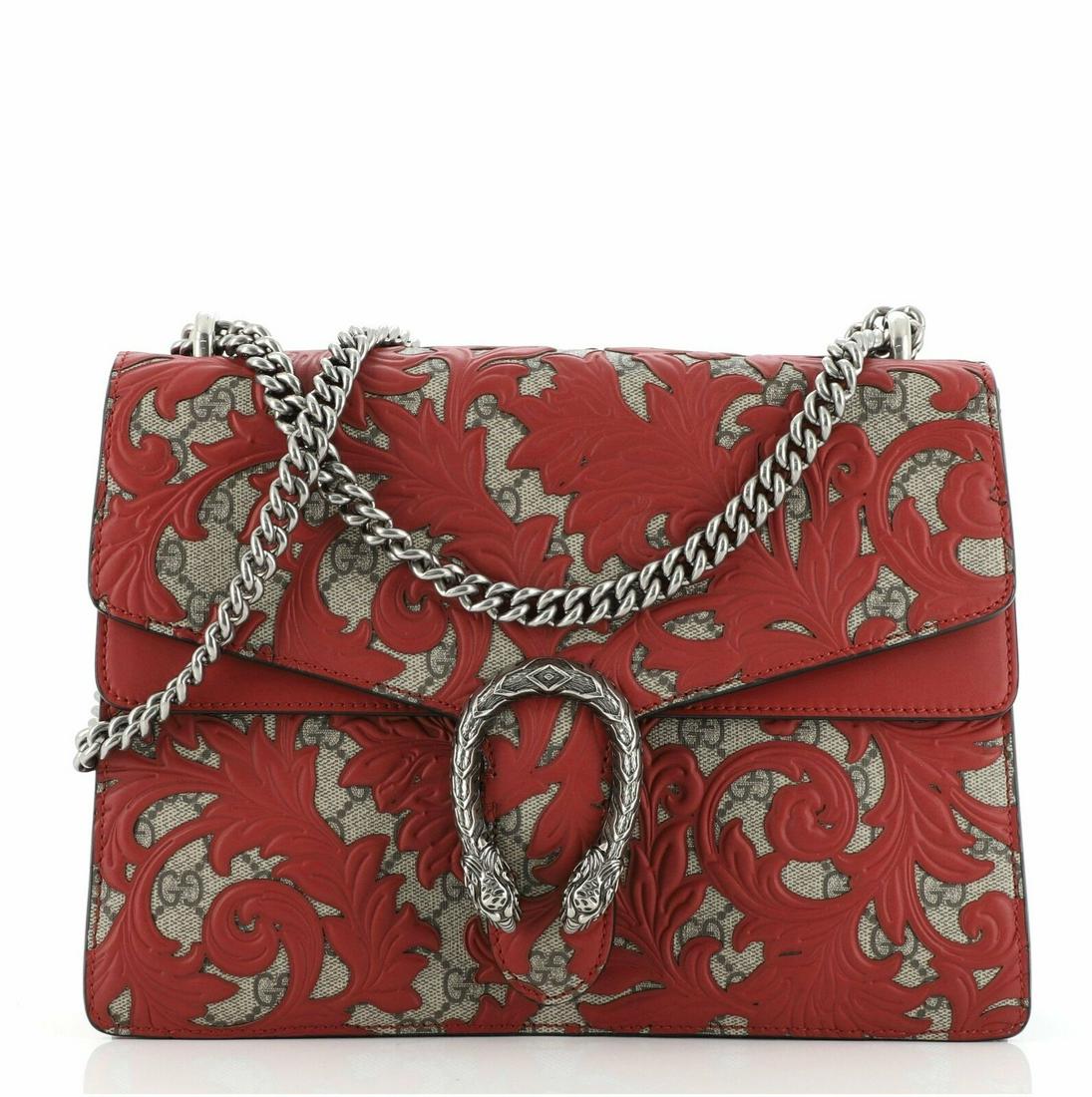 Gucci Dionysus Bag Arabesque GG Coated Canvas Medium: Gucci Dionysus Bag Arabesque GG Coated Canvas Medium Condition: Pre-owned: An item that has been used or worn previously. . Brand: Gucci Color: Brown, Red Material: Canvas (Coated) Department: Women S