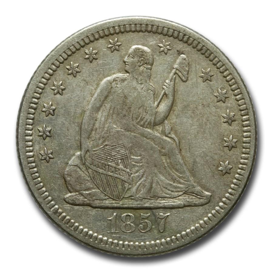 1857-O Liberty Seated Quarter XF: 1857-O Liberty Seated Quarter XF SKU: RBJ226043 Year: 1857 Grade: Extra Fine Grade Service: None Denomination: 25 Cents Mint Mark: O - New Orleans Metal Content: 0.1788 troy oz