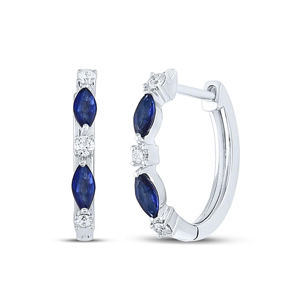 Marquise Blue Sapphire Diamond Hoop Earrings 3/8 Cttw: 14kt White Gold Womens Marquise Blue Sapphire Diamond Hoop Earrings 3/8 Cttw SKU: GD152634