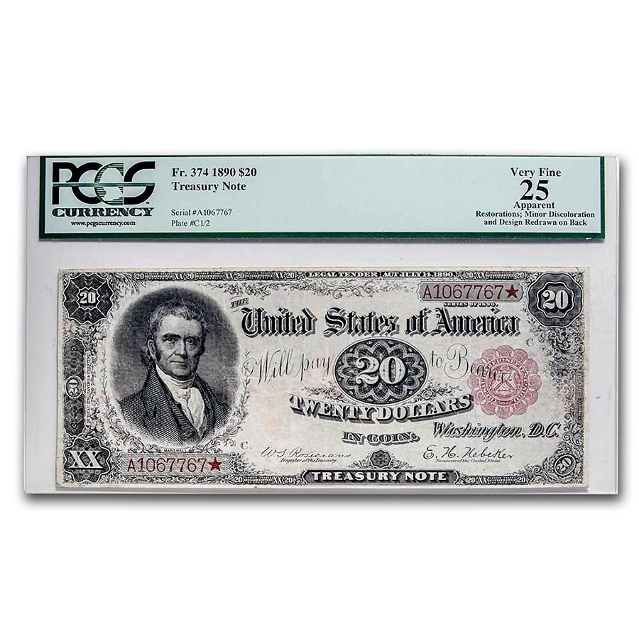 1890 $20.00 Treasury Note John Marshall VF-25 PCGS: 1890 $20.00 Treasury Note John Marshall VF-25 PCGS (Fr#374) SKU: RBJ209249 Year: 1890 Grade: Very Fine - 25 Grade Service: PCGS Denomination: $20.00 Mint Mark: N/A - Not Available Metal