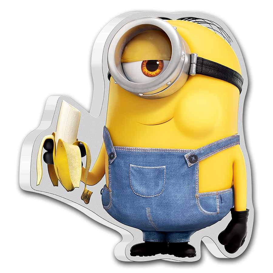 2021 Niue 1 oz Silver $2 Minion Made Stuart Shaped Coin: SKU: RBJ233360 Year: 2021 Grade: Brilliant Unc Grade Service: None Denomination: $2.00 Mint Mark: Perth Mint (Not Shown) Metal Content: 1 troy oz Purity: .999 Diameter: 39 mm
