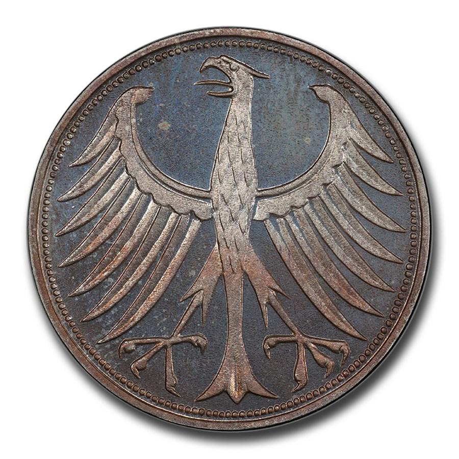 1951-F Germany Federal Republic AR 5 Mark PR-66 Cameo: SKU: RBJ223602 Year: 1951 Grade Service: PCGS Denomination: 5 Mark Metal Content: 0 troy oz Purity: .900 Diameter: 36.1 mm This 1951 AR 5 Mark has been certified as PR-66 Cameo by PCGS, one