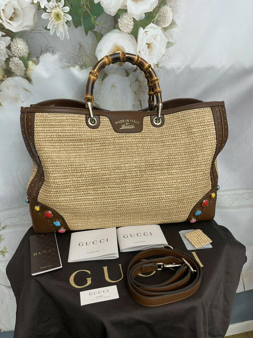 Gucci Large Bamboo Raffia Shopper Tote Embroidered: Gucci Large Bamboo Raffia Shopper Tote Embroidered Stone Nwts New with tags: A brand-new, unused, and unworn item (including handmade items) in the original packaging (such as the original box or bag)