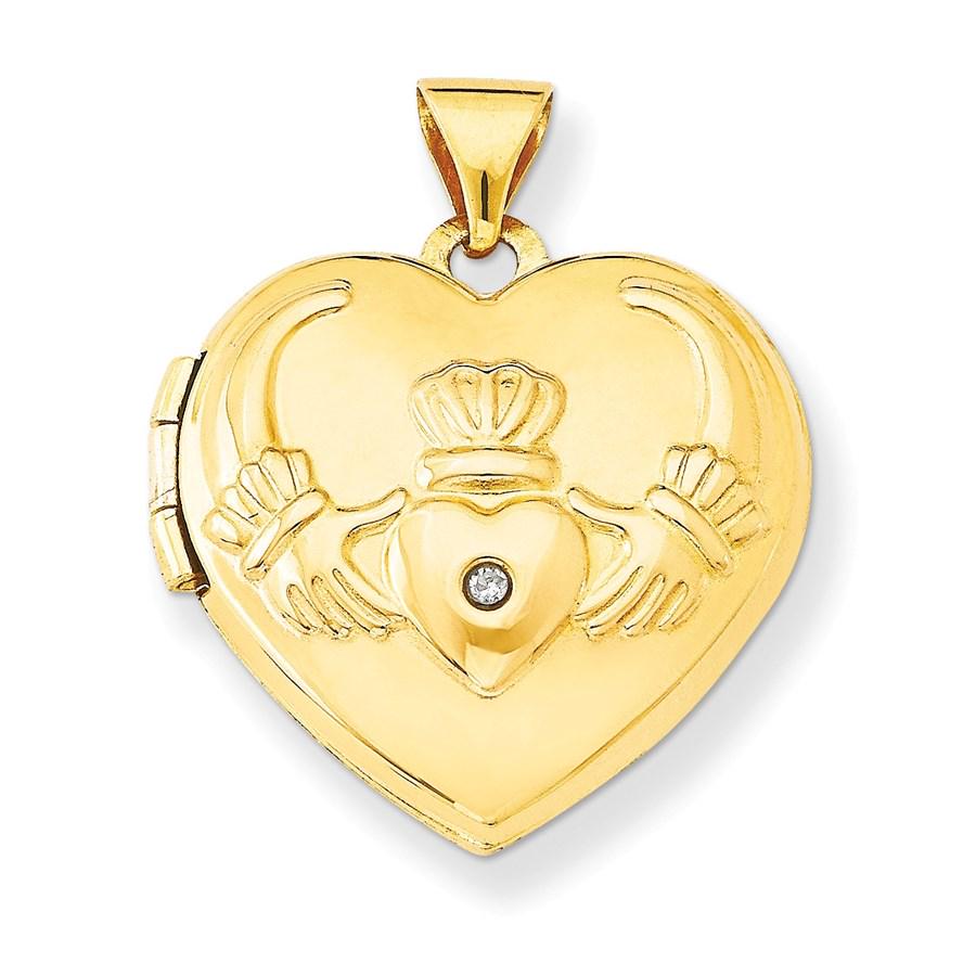 14k Yellow Gold Diamond Claddagh Heart Locket - 20 mm: 14k Yellow Gold Diamond Claddagh Heart Locket - 20 mm SKU: RBJ202535 Metal: Gold Purity: 14K Metal Weight: 0.67 GM Carat Weight: 0.005 Length Of Item: 20 mm Stone Type: Diamond