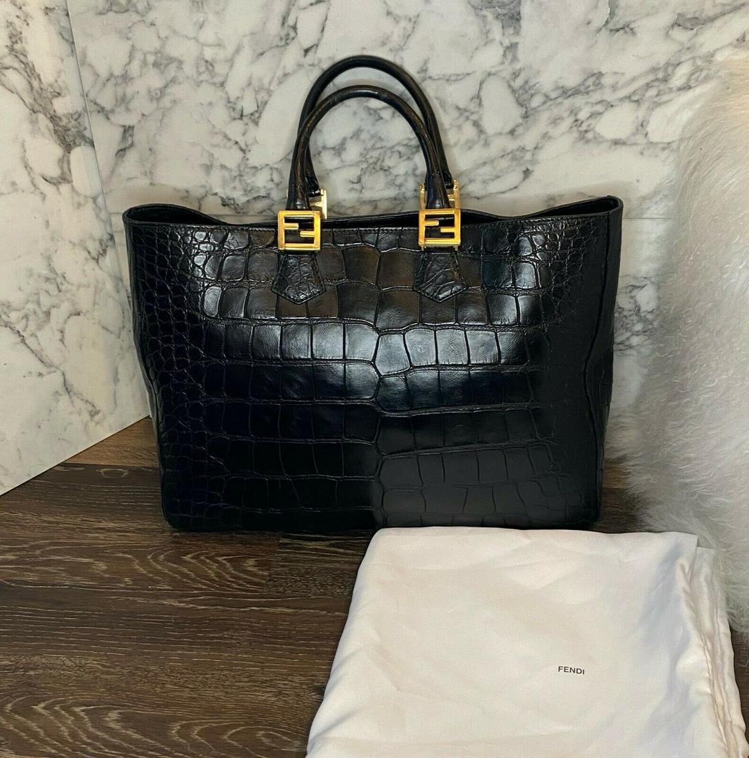 FENDI Vintage Black Genuine Crocodile Twins Tote Gold: FENDI Vintage Black Genuine Crocodile Twins Tote Gold HW - Retail: $25K Pre-owned: An item that has been used or worn previously. See the consignors listing for full details and description of any imp