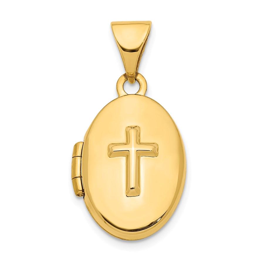 14k Yellow Gold Cross 16 mm Oval Locket Pendant: 14k Yellow Gold Cross 16 mm Oval Locket Pendant SKU: RBJ202520 Metal: Gold Purity: 14K Metal Weight: 0.81 GM
