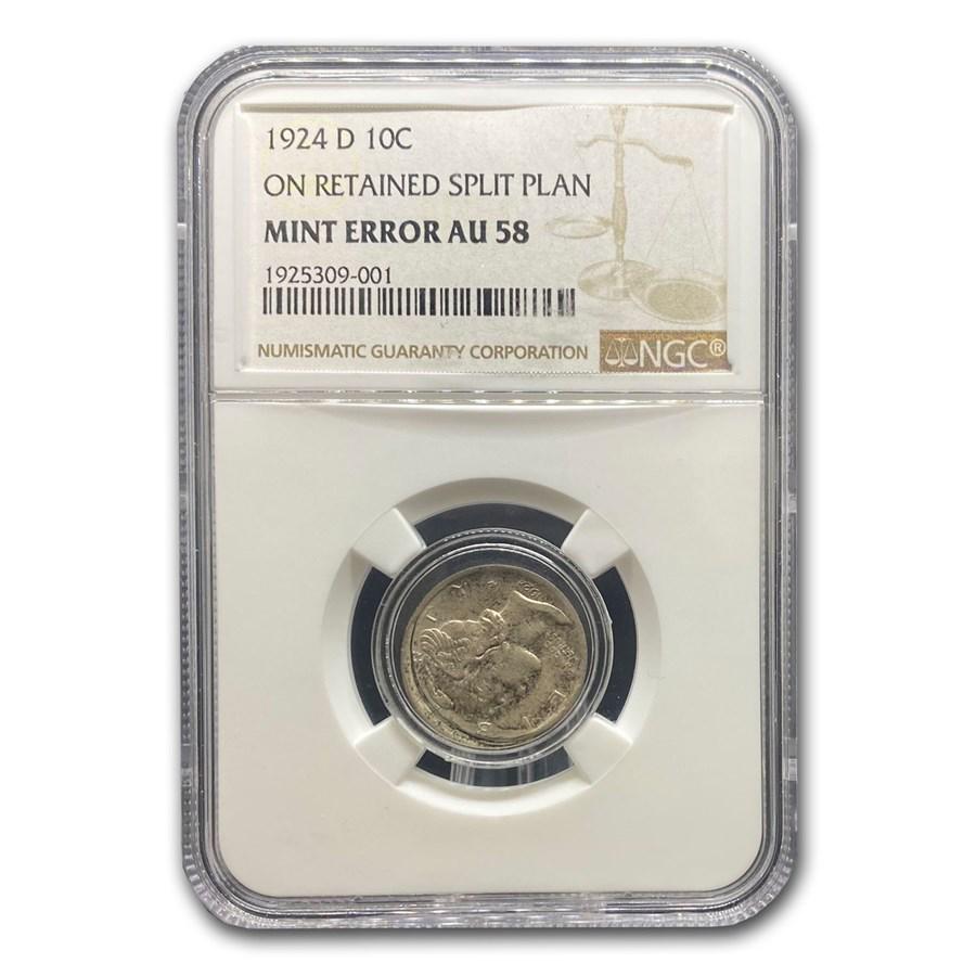1924-D Mercury Dime AU-58 NGC (M. Error On Retain Split: 1924-D Mercury Dime AU-58 NGC (M. Error On Retain Split Planchet) Additional SKU: RBJ227676 Year: 1924 Grade Service: NGC Denomination: $0.10 Metal Content: 0.0723 troy oz Purity: .900 <b