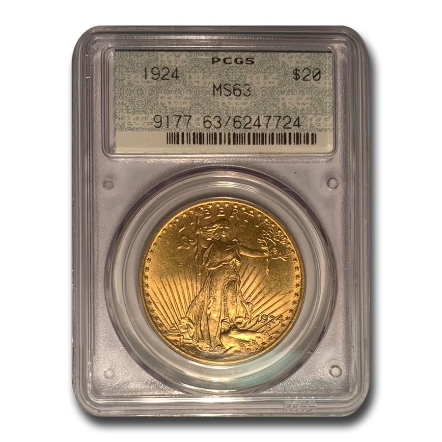 1924 $20 Saint-Gaudens Gold Double Eagle MS-63 PCGS: 1924 $20 Saint-Gaudens Gold Double Eagle MS-63 PCGS (Doily Label) SKU: RBJ240832 Year: 1924 Grade Service: PCGS Denomination: $20 Metal Content: 0.9675 troy oz Purity: .900 Diameter: 34 m