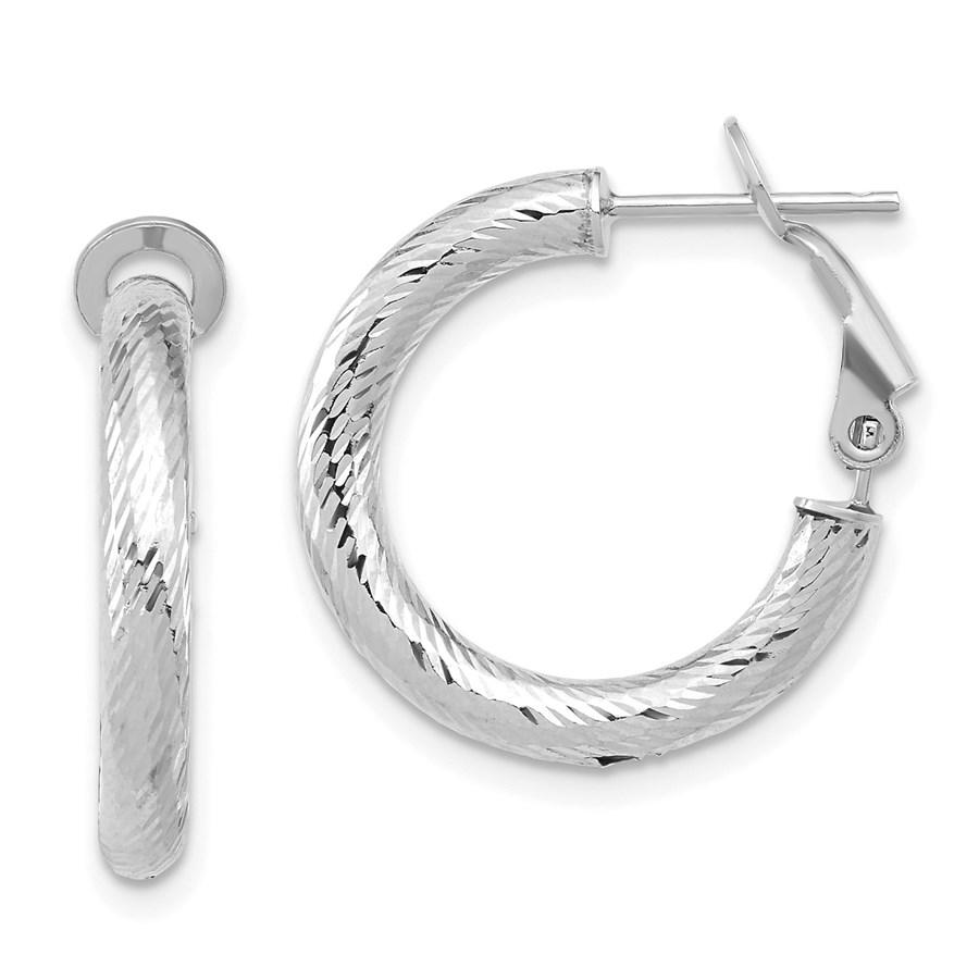 14K 3x15 White Gold D/C Round Omega Back Hoop Earrings: 14K 3x15 White Gold D/C Round Omega Back Hoop Earrings - 21.65 mm SKU: RBJ222581 Metal: Gold Purity: 14K Finish: Polished Length Of Item: 21.65 mm Earring Closure: Omega Clip Back Earring