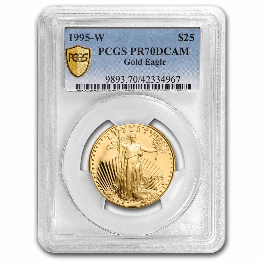1995-W 1/2 oz Proof American Gold Eagle PR-70 DCAM PCGS: 1995-W 1/2 oz Proof American Gold Eagle PR-70 DCAM PCGS Additional SKU: RBJ61857 Year: 1995 Grade Service: PCGS Denomination: 25 Dollars Metal Content: 0.5 troy oz Purity: .9167