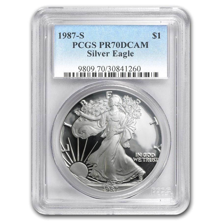 1987-S Proof American Silver Eagle PR-70 PCGS: 1987-S Proof American Silver Eagle PR-70 PCGS Additional SKU: RBJ61340 Year: 1987 Grade Service: PCGS Denomination: $1.00 Metal Content: 1 troy oz Purity: .999 Thickness: 2.98 mm