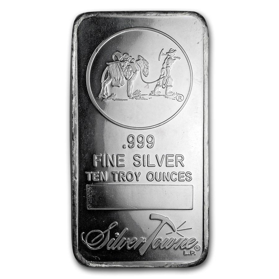 10 oz Silver Bar - SilverTowne Prospector: 10 oz Silver Bar - SilverTowne Prospector SKU: RBJ169719 Year: N/A Grade: None Grade Service: None Mint Mark: N/A - Not Available Metal Content: 10 troy oz Purity: .999 Thickness