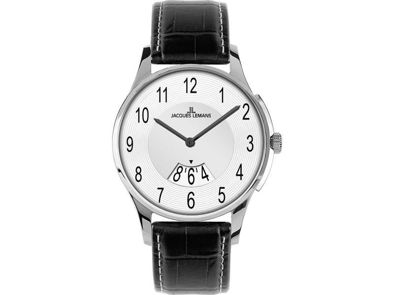 Jacques Lemans 1746B London Silver Dial Black Leather: Jacques Lemans 1746B London Silver Dial Black Leather Strap Mens Watch Jacques Lemans London Silver Dial Black Leather Strap Men's Watch 1-1746B Men's Watch with Stainless steel case with a black leat