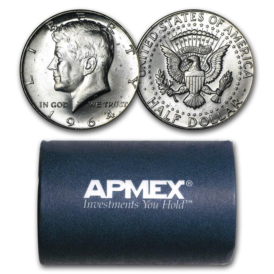 90% Silver 1964-P/D Kennedy Half Dollar 20-Coin Roll BU: 90% Silver 1964-P/D Kennedy Half Dollar 20-Coin Roll BU Product ID: 10945 Year: 1964 Grade: Brilliant Unc Grade Service: None Denomination: 50 Cents Mint Mark: Varies Metal Content: 7.23 troy oz <