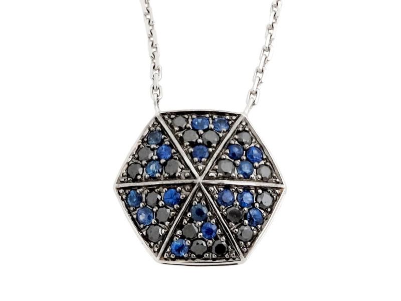 Stephen Webster 18K White Gold with Blue Sapphire &: Stephen Webster 18K White Gold with Blue Sapphire & 0.49ct Black Diamond Necklace SKU No.332447135792-E Brand: Stephen Webster Condition: Never Worn Metal: White Gold Stone Size and Fit: Width: 16 mm,