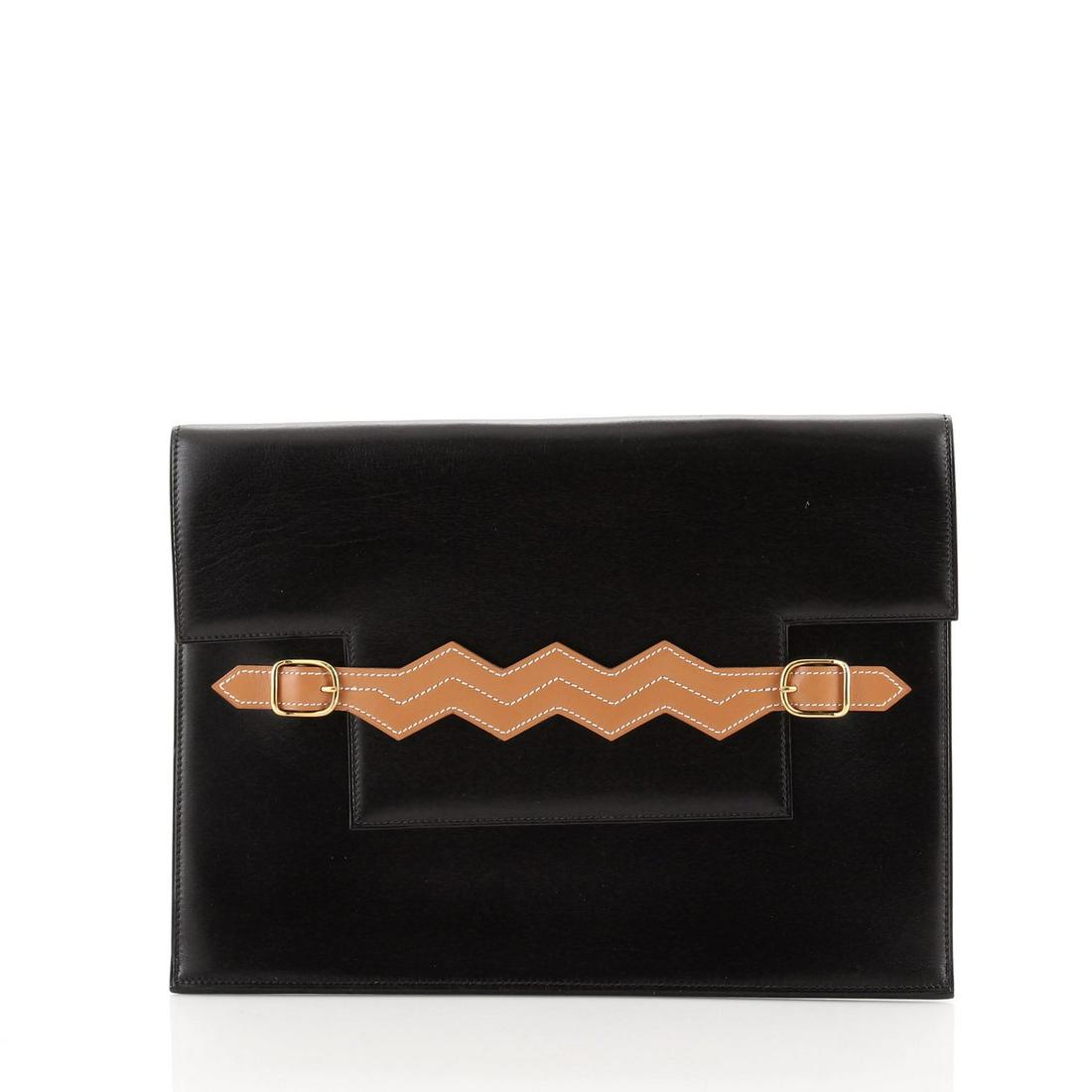 Hermes Vintage Zig Zag Flap Clutch Box Calf Medium: Hermes Vintage Zig Zag Flap Clutch Box Calf Medium Exterior Color: Black Interior Color: Black Exterior Material: Leather Interior Material: Leather Hardware Color: Gold Accessories: No accessories <