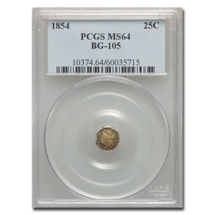 1854 Liberty Octagonal 25 Cent Gold MS-64 PCGS (BG-105): 1854 Liberty Octagonal 25 Cent Gold MS-64 PCGS (BG-105) SKU: RBJ- 103709 Year: 1854 Grade: MS-64 Grade Service: PCGS Denomination: $0.25 Mint Mark: N/A - Not Available Metal Content: 0.0121 troy oz<b