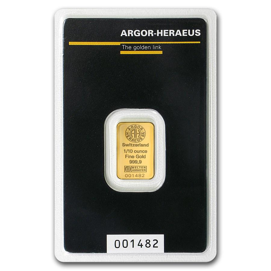 1/10 oz Gold Bar - Argor-Heraeus (In Assay): 1/10 oz Gold Bar - Argor-Heraeus (In Assay) SKU: RBJ- 92092 Year: N/A Grade: None Grade Service: None Mint Mark: N/A - Not Available Metal Content: 0.1 troy oz Purity: .999 Diameter: N/A mm