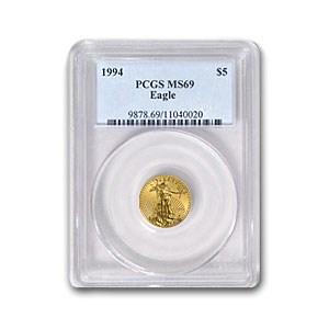 1994 1/10 oz American Gold Eagle MS-69 PCGS: 1994 1/10 oz American Gold Eagle MS-69 PCGS SKU: RBJ- 11484 Year: 1994 Grade Service: PCGS Denomination: 5 Dollars Metal Content: 0.1 troy oz Purity: .9167 Thickness: 1.19 mm Diameter: 16.5 mm