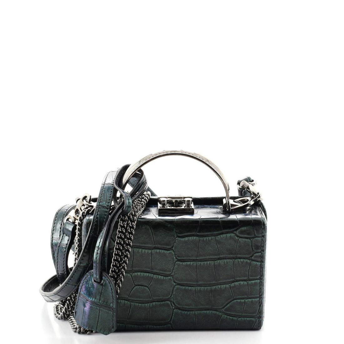 Mark Cross Grace Box Bag Crocodile with Metal Detail Mini: Mark Cross Grace Box Bag Crocodile with Metal Detail Mini Brand: Mark Cross Exterior Color: Green Interior Color: Red Exterior Material: Crocodile, Exotic Interior Material: Leather Hardware Color: Gu