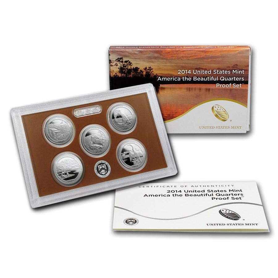2014-S America the Beautiful Quarters Proof Set: 2014-S America the Beautiful Quarters Proof Set SKU: RBJ84305 Year: 2014 Grade: Proof Grade Service: None Denomination: 25 Cents Mint Mark: S - San Francisco Metal Content: 0 troy oz