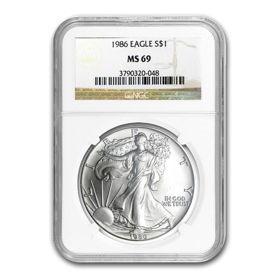 1986 American Silver Eagle MS-69 NGC: 1986 American Silver Eagle MS-69 NGC SKU: RBJ4845 Year: 1986 Grade Service: NGC Denomination: 1 Dollar Metal Content: 1 troy oz Purity: .999 Thickness: 2.98 mm Diameter: 40.6 mm