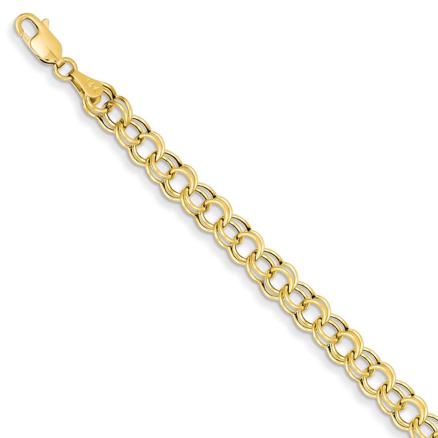 14k Solid Gold Hollow Double Link Charm Bracelet: 14k Solid Gold Hollow Double Link Charm Bracelet Product ID: RBJ121252 Metal: Gold Purity: 14k Chain Length: 8 in Chain Width: 6 mm Clasp/Connector: Lobster